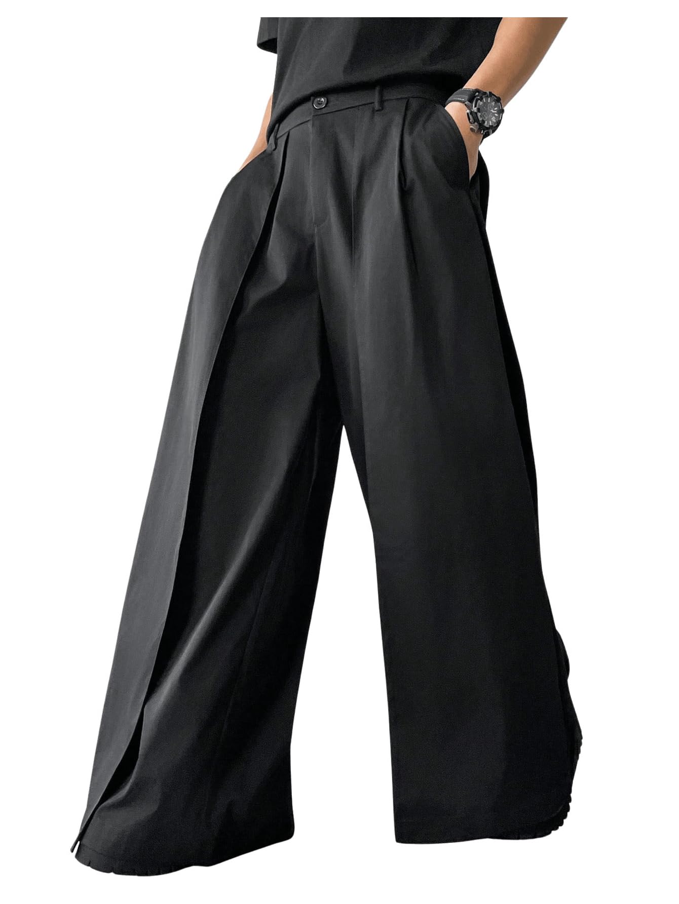 OYOANGLE Men's Baggy Wide Leg Pants Zipper Fly Pleated Trousers Business Casual Dress Pants with Pocket Black X-Large