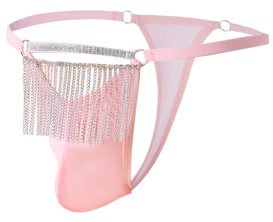 FEOYA Men's G String T Back Thong Underwear Sexy Low Rise Bikini Briefs Bulge Pouch Panties Soft Stretchy Mesh Hollow Out Lingerie Underpants with Tassel Pink X-Large