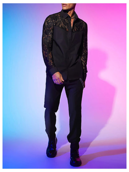 WDIRARA Men's Floral Lace Button Down Shirt See Through Long Sleeve Collared Top Sexy Clubwear Black Large