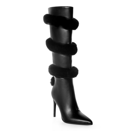 ANN CREEK Knee High Boots for Women Pointed Toe Sex Women’s Tall Boots Sexy Stiletto High Heel Zipper Faux Fur Elegant Dress Shoes Black Size 6.5