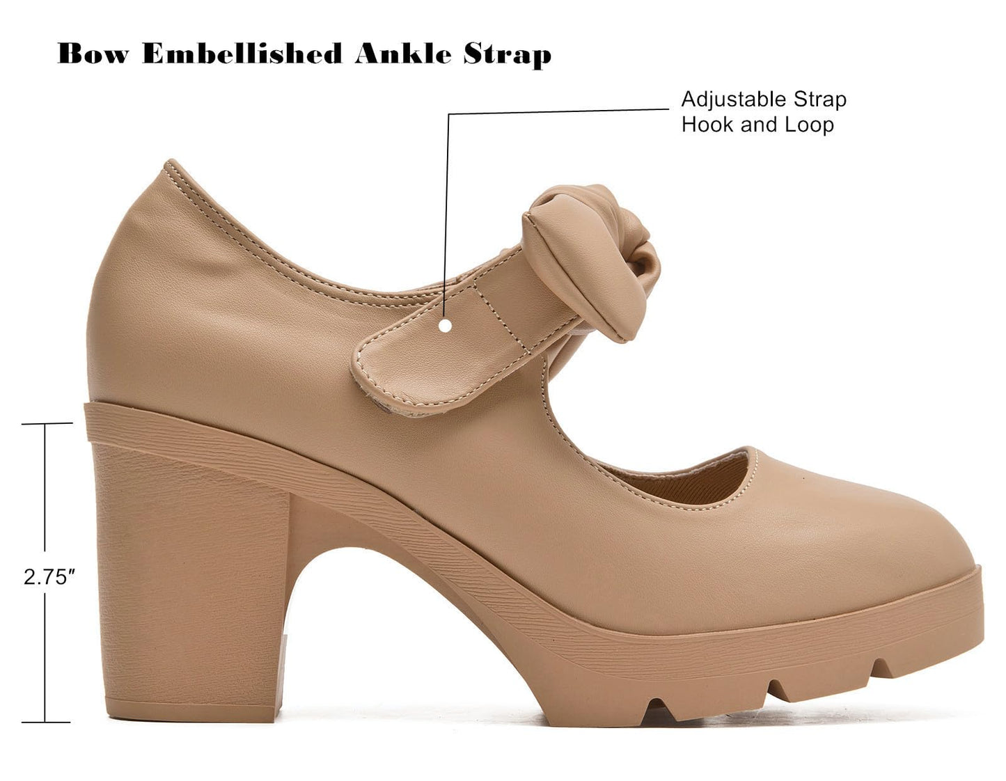 Women's Bow Heels Mary Jane Chunky Low Block Heels Pumps Comfortable Closed Round Toe Ankle Strap Wedding Evening Party Dress Shoes Nude US Size 5