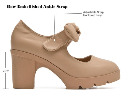 Women's Bow Heels Mary Jane Chunky Low Block Heels Pumps Comfortable Closed Round Toe Ankle Strap Wedding Evening Party Dress Shoes Nude US Size 5