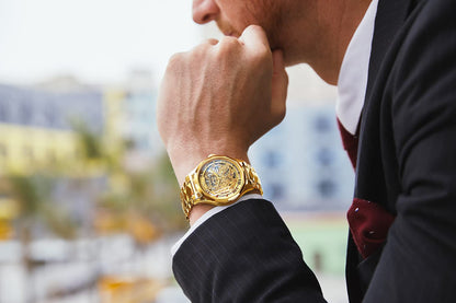OUPINKE Men's Gold Skeleton Mechanical Luxury Wrist Watches