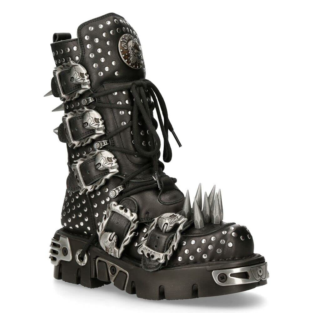 New Rock Boots 1535-S1 Mens Metallic Black Leather Goth Studded Spike Boot 9.5