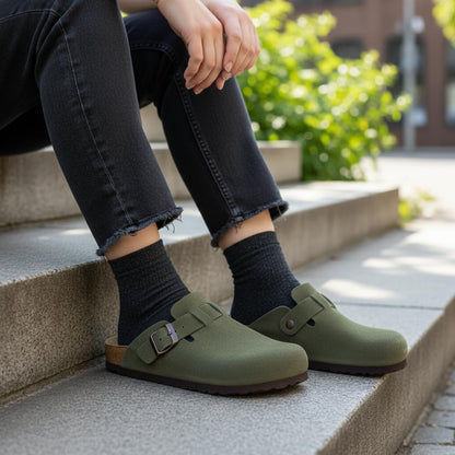 CUSHIONAIRE Hana - Genuine Leather Suede Classic Clog Womens Shoes - Slip On Mule Comfortable Shoes for Women, KHAKI 10W