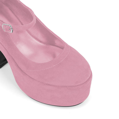 Women's Platform Mary Janes Chunky High Heels Pumps Closed Round Toe Buckle Strap Suede Dress Shoes for Party Event Office Prom(Pink A)