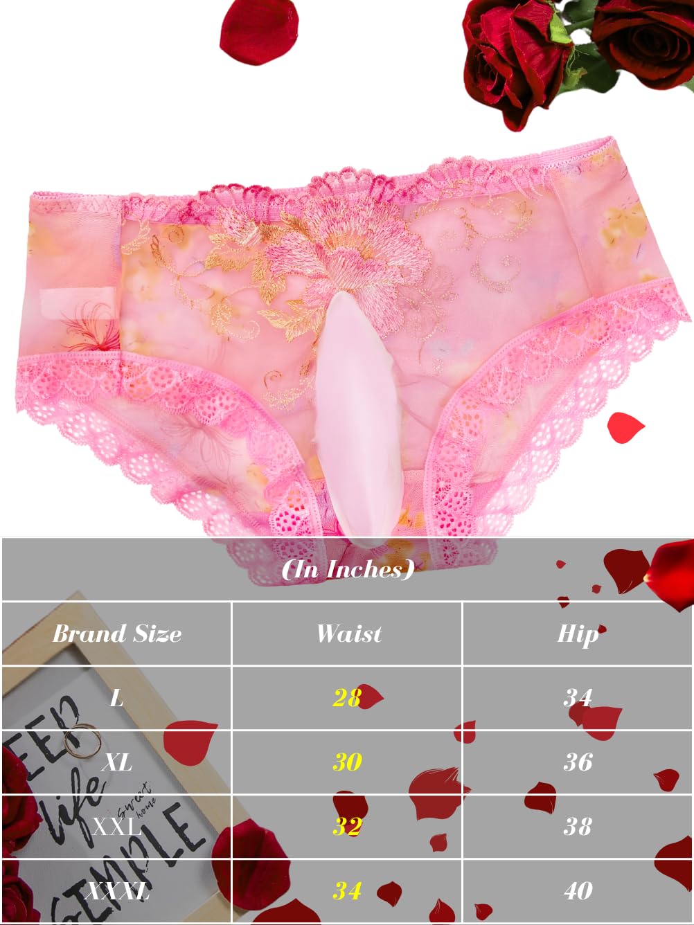 Mens Sexy Lace Trim Sissy Panties with Pouch, Cross Dresser Male Lingerie Femboy Clothes, Floral Sheer Mesh Underwear Hot Pink Large