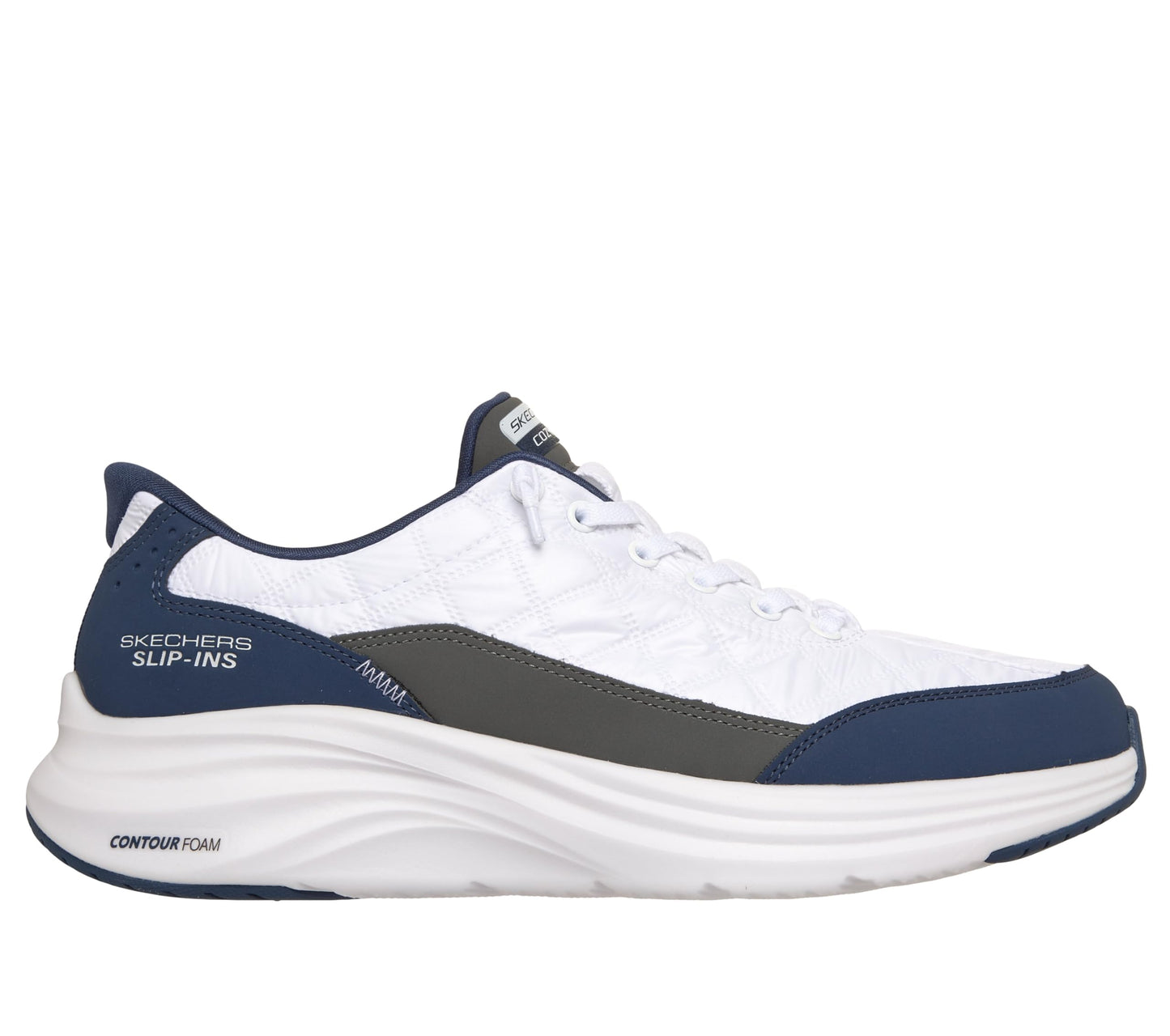 Skechers Men's Contour Foam Cozy Fit Hands Free Slip-in Sneaker,White/Navy,11.5