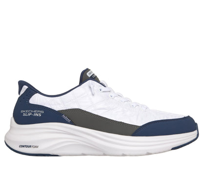 Skechers Men's Contour Foam Cozy Fit Hands Free Slip-in Sneaker,White/Navy,11.5