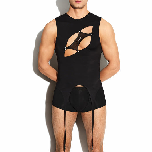 BSZN Men's Sexy Tank Top, Black Asymmetrical Eye Cutout Adjustable Suspender Hem Layerable High Stretch Slim Fit Gothic Punk Clubwear
