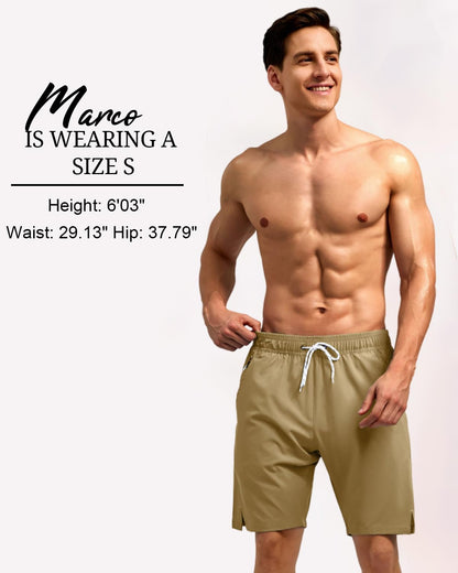 SILKWORLD Quick Dry 9" Mens Swimming Trunks with Zip Pockets Side-Slit Athletic Shorts Compression Lined Swimsuit,Khaki,X-Large
