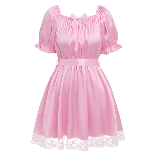 Sissy Mini Nightdress for Men Frilly Ruffle Square Neck Bowknot Lace Trim Satin Ruffle Nightdress Light Pink One Size
