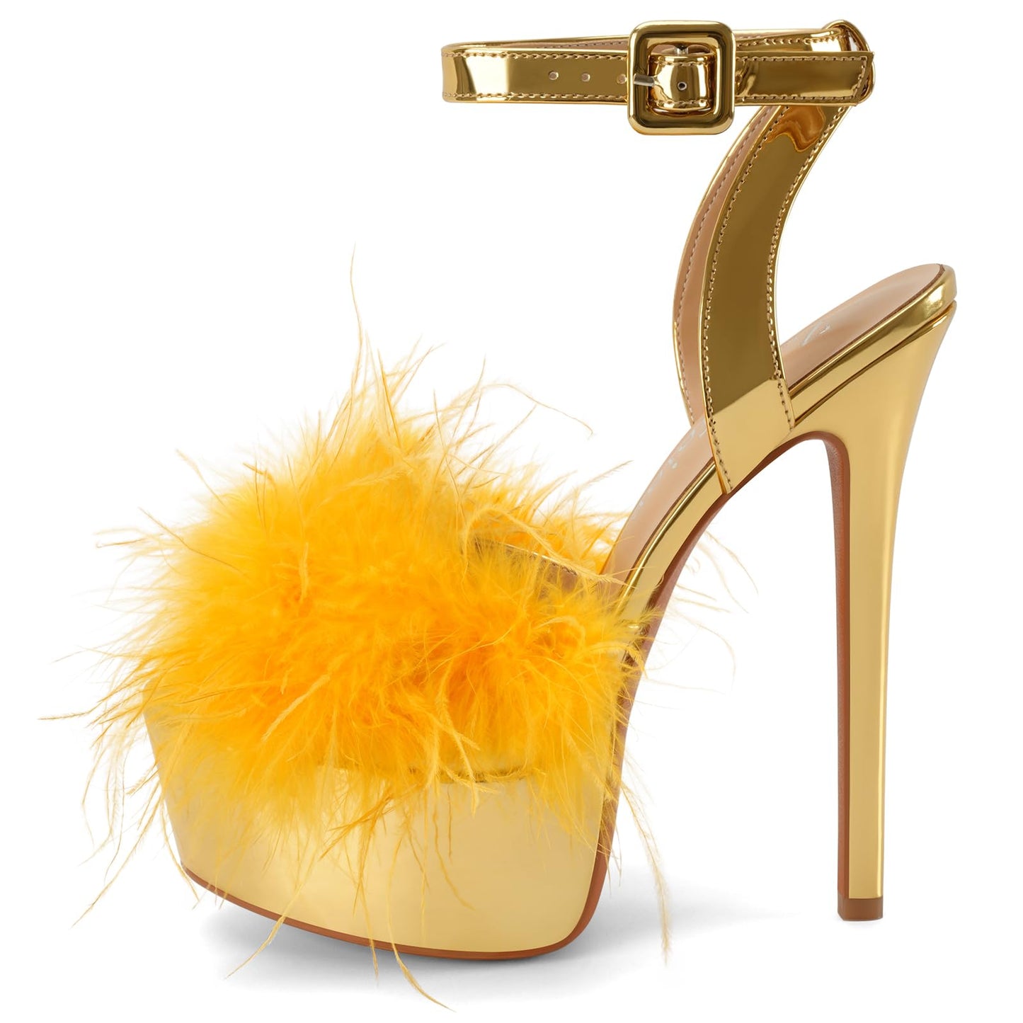 Women’s Ankle Strap Platform Fluffy Sandals High Stiletto Strappy Open Toe Sexy Fuzzy Heels(Gold,8)