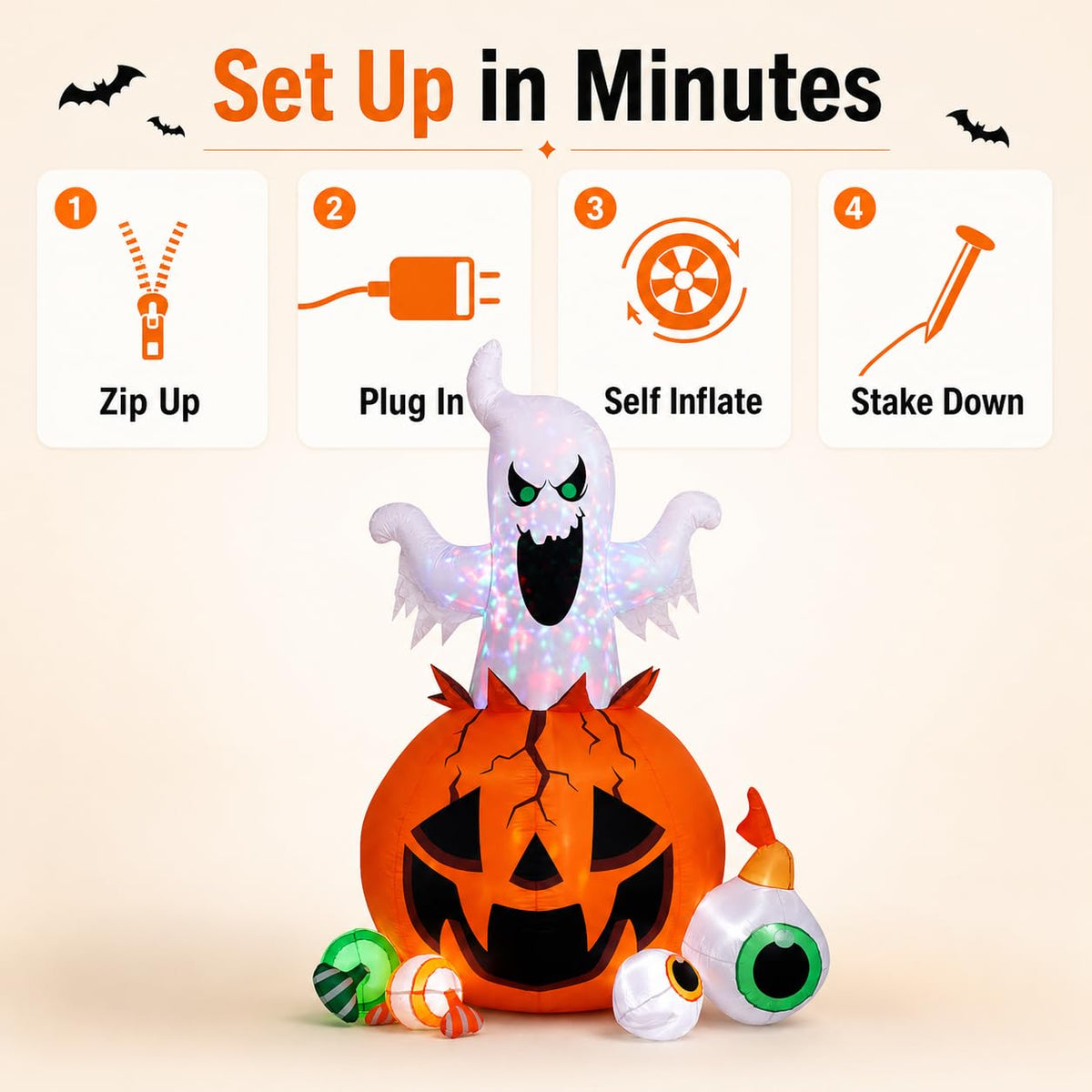 Halloween Inflatable Ghost Pumpkin with Colorful LED Lights Yard Decor