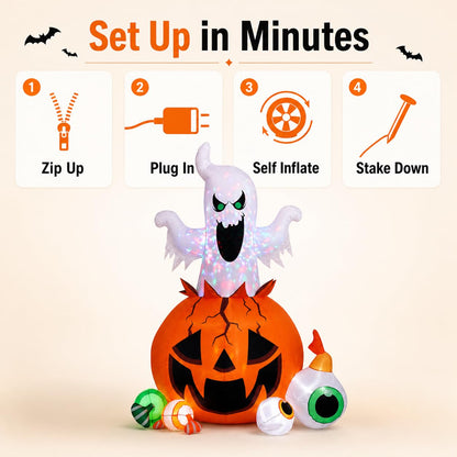 Halloween Inflatable Ghost Pumpkin with Colorful LED Lights Yard Decor