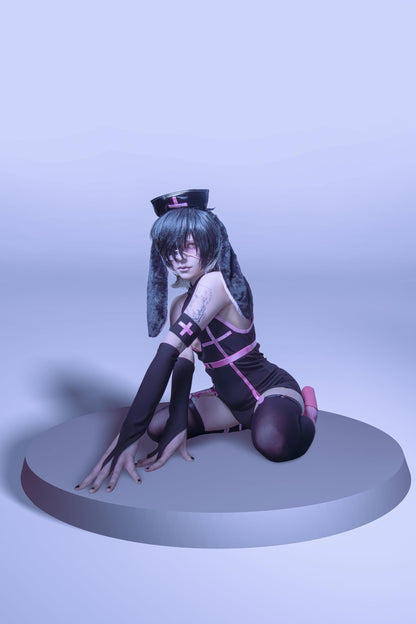 Men Bunny Nurse Set Kawaii Cosplay Lingerie Bodysuit (Black, S)