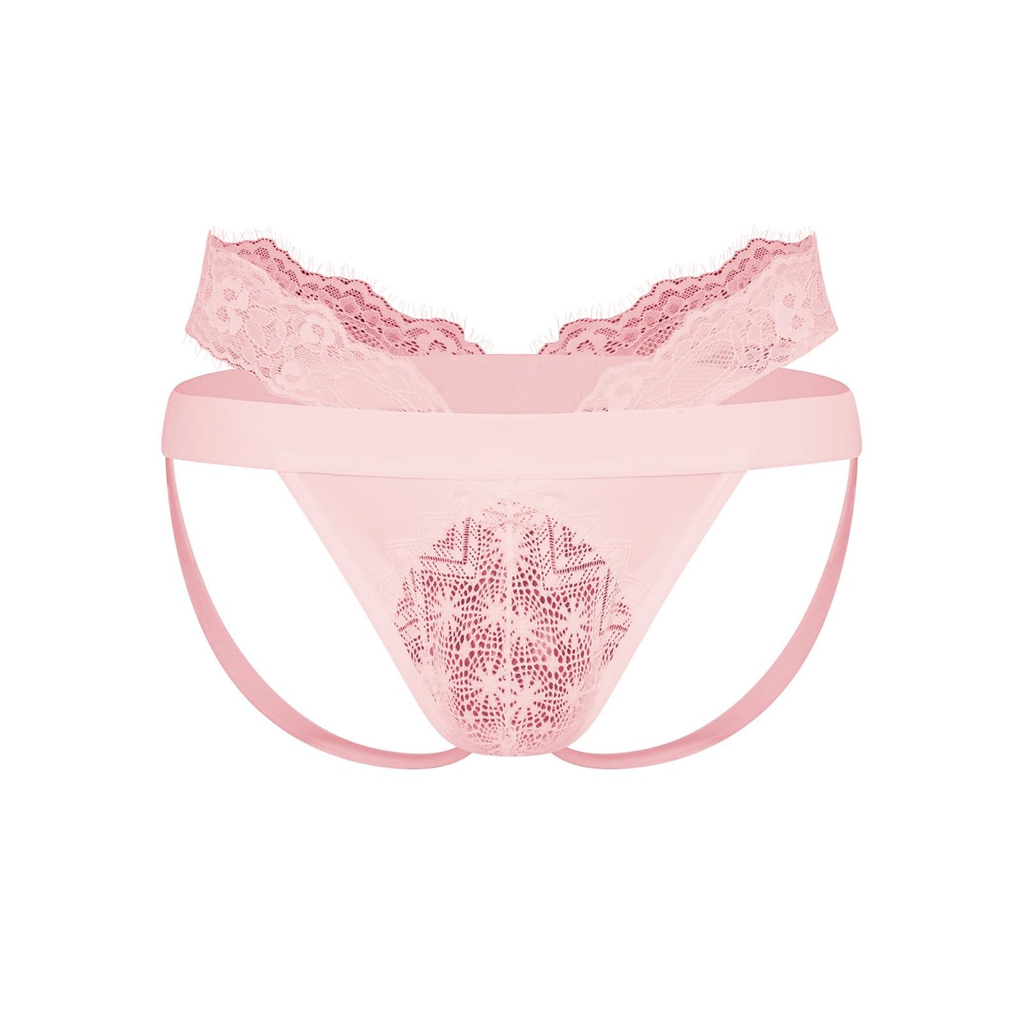 BSZN Men's Lace Jockstrap, Pink Rose Night Low Rise Sheer Lace Pouch Underwear, Mid High Cut Slim Fit Breathable Jock Strap for Men