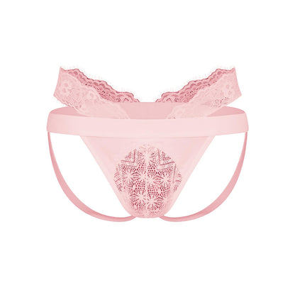 BSZN Men's Lace Jockstrap, Pink Rose Night Low Rise Sheer Lace Pouch Underwear, Mid High Cut Slim Fit Breathable Jock Strap for Men