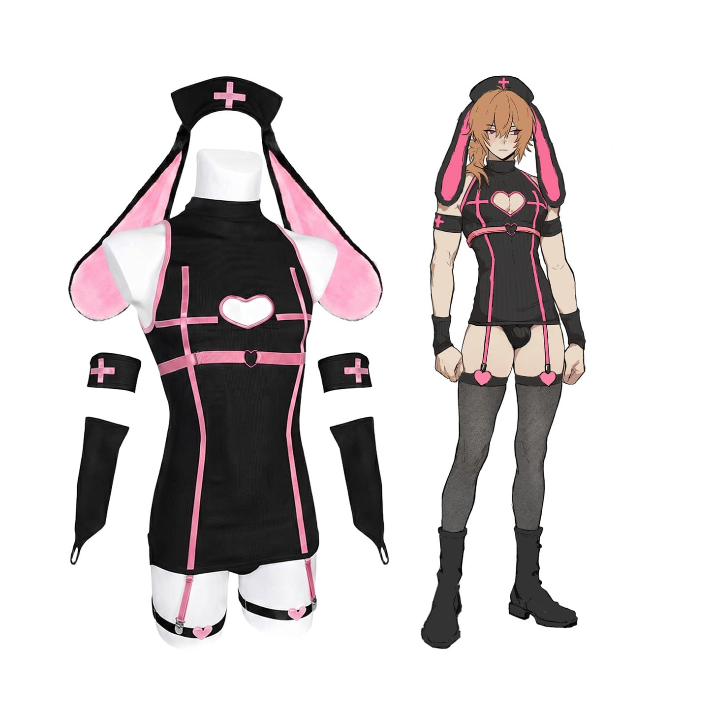 Men Bunny Nurse Set Kawaii Cosplay Lingerie Bodysuit (Black, S)