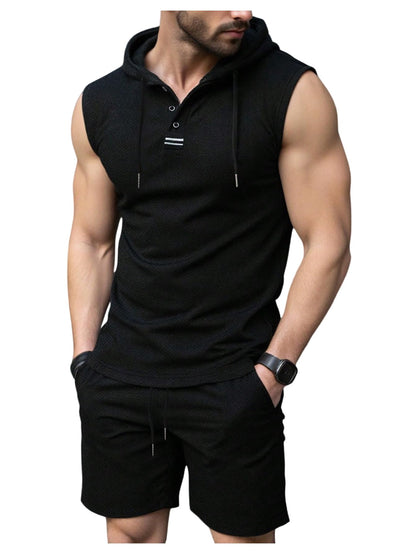 OYOANGLE Men's Sleeveless Workout Hoodie and Shorts Set 2 Piece Outfits Hooded Tank Tops Gym Tracksuit Sweatsuits Black Medium