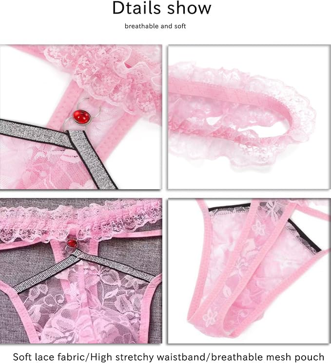 Men's Lace Sissy Panties - Pouch Thong, Feminine Underwear For Men Sexy Lingerie  - Sheer Mesh Briefs - Gay Lingerie Crossdresser Pink