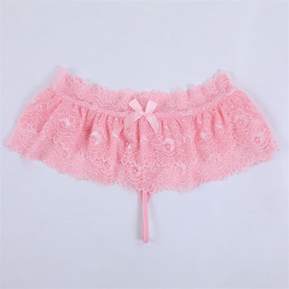 Sissy Lace Panties Men's Ruffled Panties Thongs Mini Skirt Thongs Gay Lingerie (Color : Pink, Size : 1pc) One Size