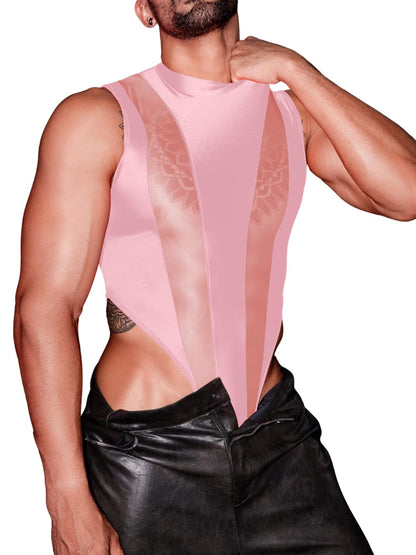 Mens Sexy Lingerie, Hook Crotch Thong High Cut Bodysuit Top Rave Outfit, Glossy Mock Neck Sheer Singlet Muscle Suit Pink Leather X-Small-Small