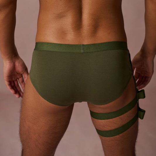 BSZN Men's Sexy Briefs, Army Green Detachable Leg Strap Sexy Men Underwear, Mid High Rise Front Snap Open Pouch Vintage Metal Role Play Sexy Lingerie from L-Night Authority Badge Collection