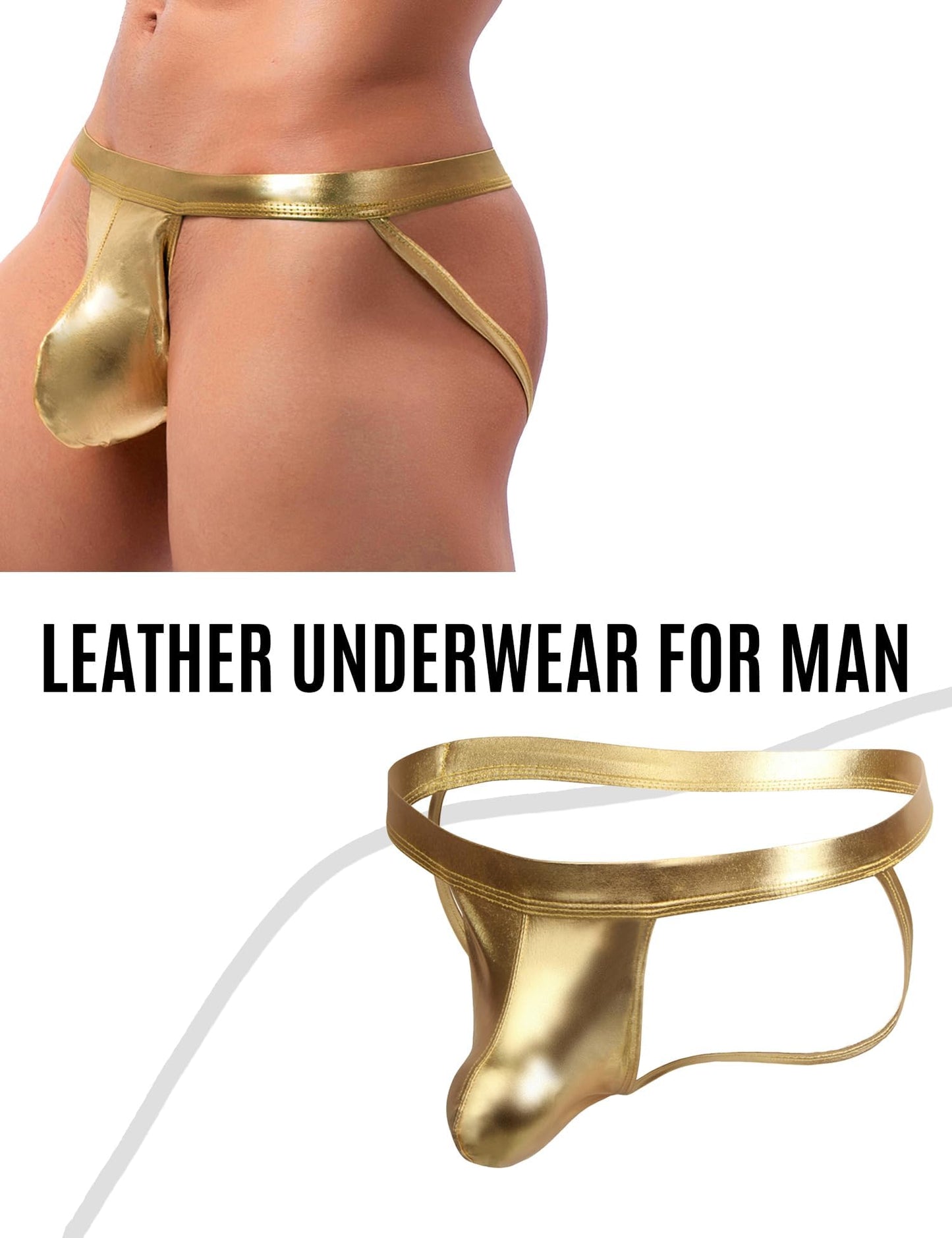Mens Thong -Sexy Jockstrap Underwear with Bulge Pouch Low Rise Briefs - Metallic Lingerie for Men Golden