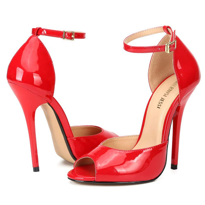 Unisex Men's Women's Peep Toe Stiletto Heels, Ankle Strap Sandals, D'Orsay Style, 5.1-Inch Heel Patent Red EU45 - size 13 Women/11.5 Men