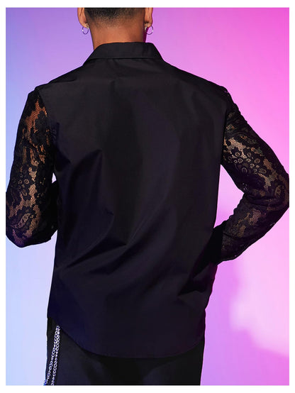 WDIRARA Men's Floral Lace Button Down Shirt See Through Long Sleeve Collared Top Sexy Clubwear Black Large