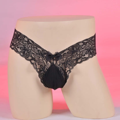 Femboy Men's Sissy Panties Sexy Tight Floral Lace Thong See Through Lingerie For Cross-dressers (Black-L)