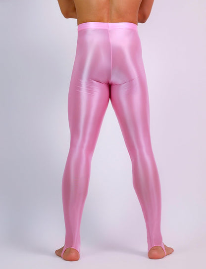 Men's Sheer See Through Oil Shiny Glossy Satin Tights Skinny Transparent Pantyhose Footed Leggings Pink M