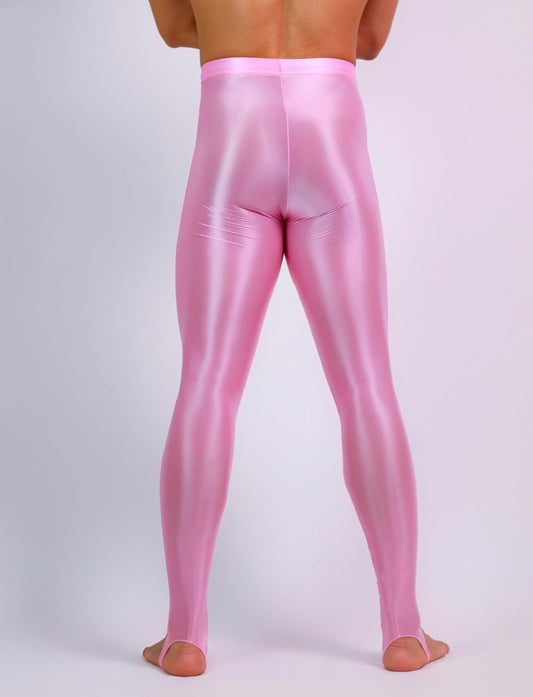Men's Sheer See Through Oil Shiny Glossy Satin Tights Skinny Transparent Pantyhose Footed Leggings Pink M