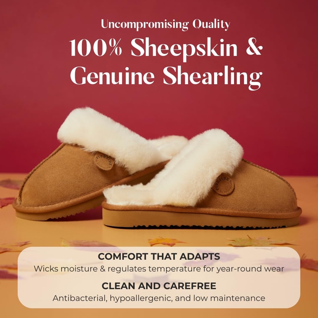 Dearfoams Women's Fireside Sydney Shearling Fur Indoor/Outdoor Scuff Slipper with Wide Widths, Chestnut, 6.5
