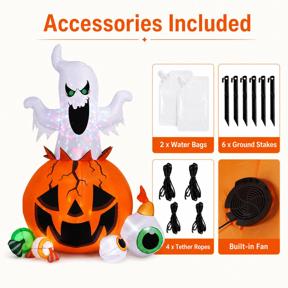 Halloween Inflatable Ghost Pumpkin with Colorful LED Lights Yard Decor