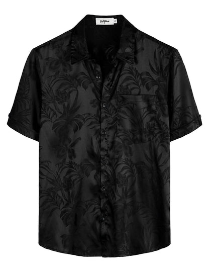 VATPAVE Mens Summer Jacquard Regular Fit Shirts Casual Button Down Short Sleeve Beach Tops with Pocket Medium Black Tropical