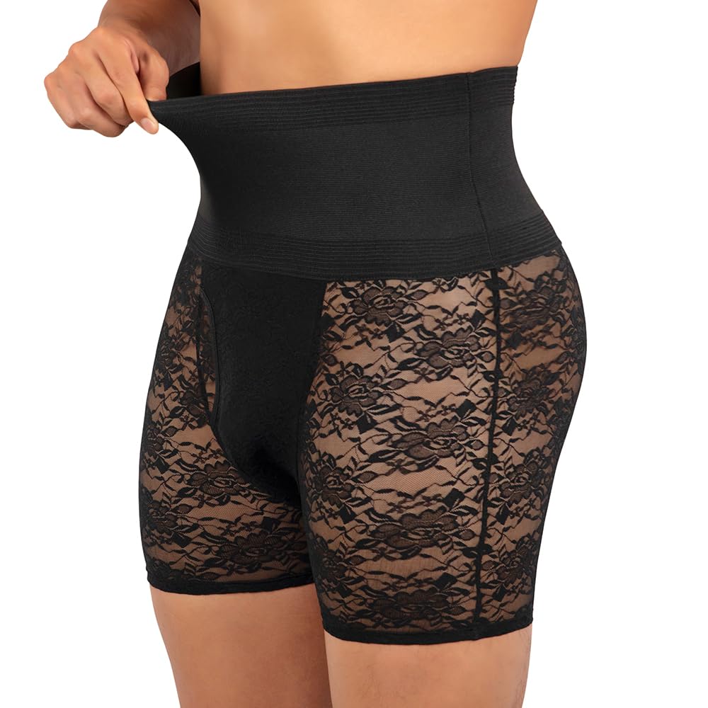 six Pack Men's High Waist Boxer Brief Lace Transparent Shorts, Underwear Bottoms  Black
