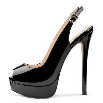 Women's Slingback Heels Peep Toe Platform Pumps, Black, US8.5