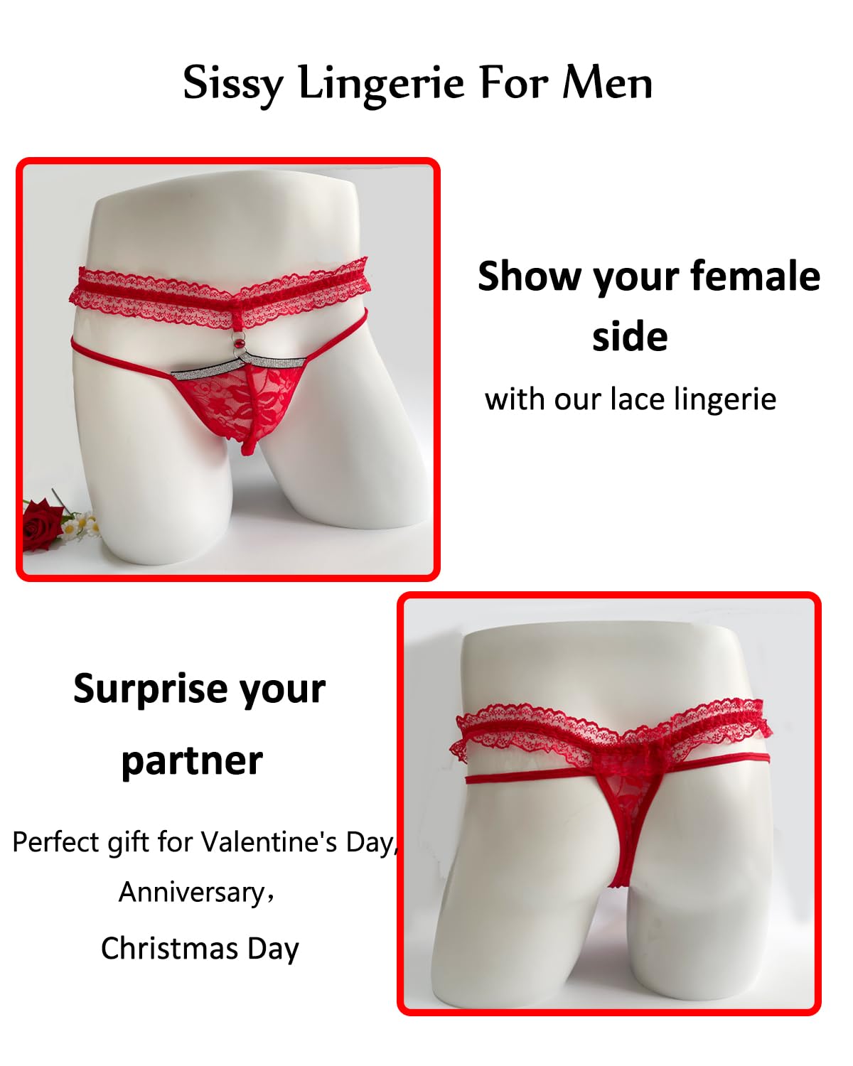 Mens Lace Frilly Sissy Panties Pouch Thong, Feminine G string Underwear For Men Sexy Lingerie (US, Alpha, One Size, Regular, Regular, Red)