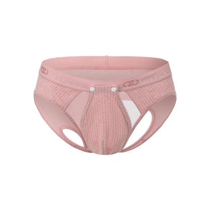 BSZN Men's Thick Ribbed Sexy Briefs, Dusty Pink Mid Low Rise Snap Open Sexy Men Underwear, Cutout Back Men Sexy Lingerie with Sheer Mesh Pouch Soft High Stretch Sexy Undergarment