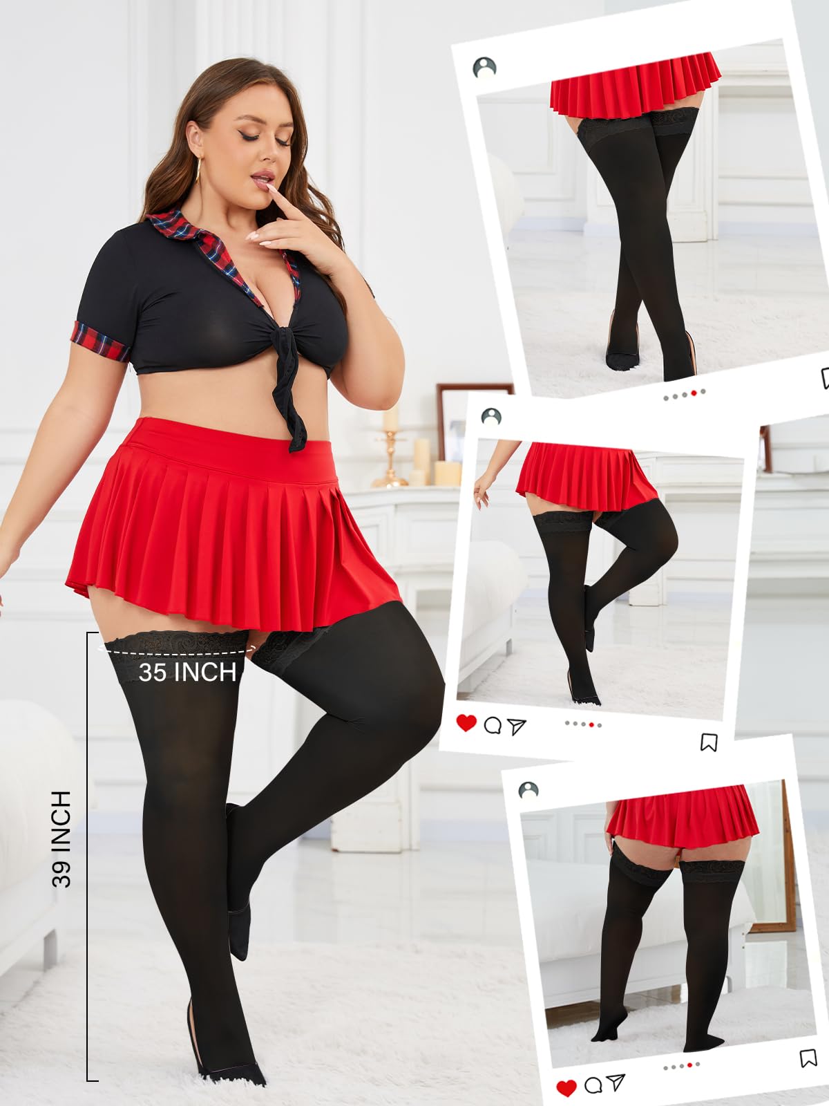 Moon Wood Plus Size Lace Top Silicone Stay-Up Thigh High Stockings for Women Sexy Semi Sheer Hosiery for Party