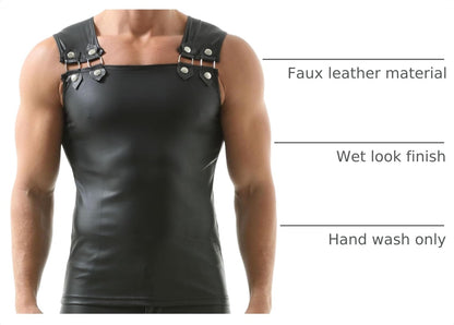 Men's Faux Leather Vest Sleeveless Undershirt Wet Look Tank Top Shirt Clubwear Black