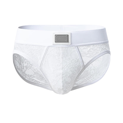 Men's Italian Style Lace Briefs Underwear, Luxury Vintage Briefs with Floral Lace Trim, High Elastic Soft Underwear Comfortable Undepants, Sophisticated Design White