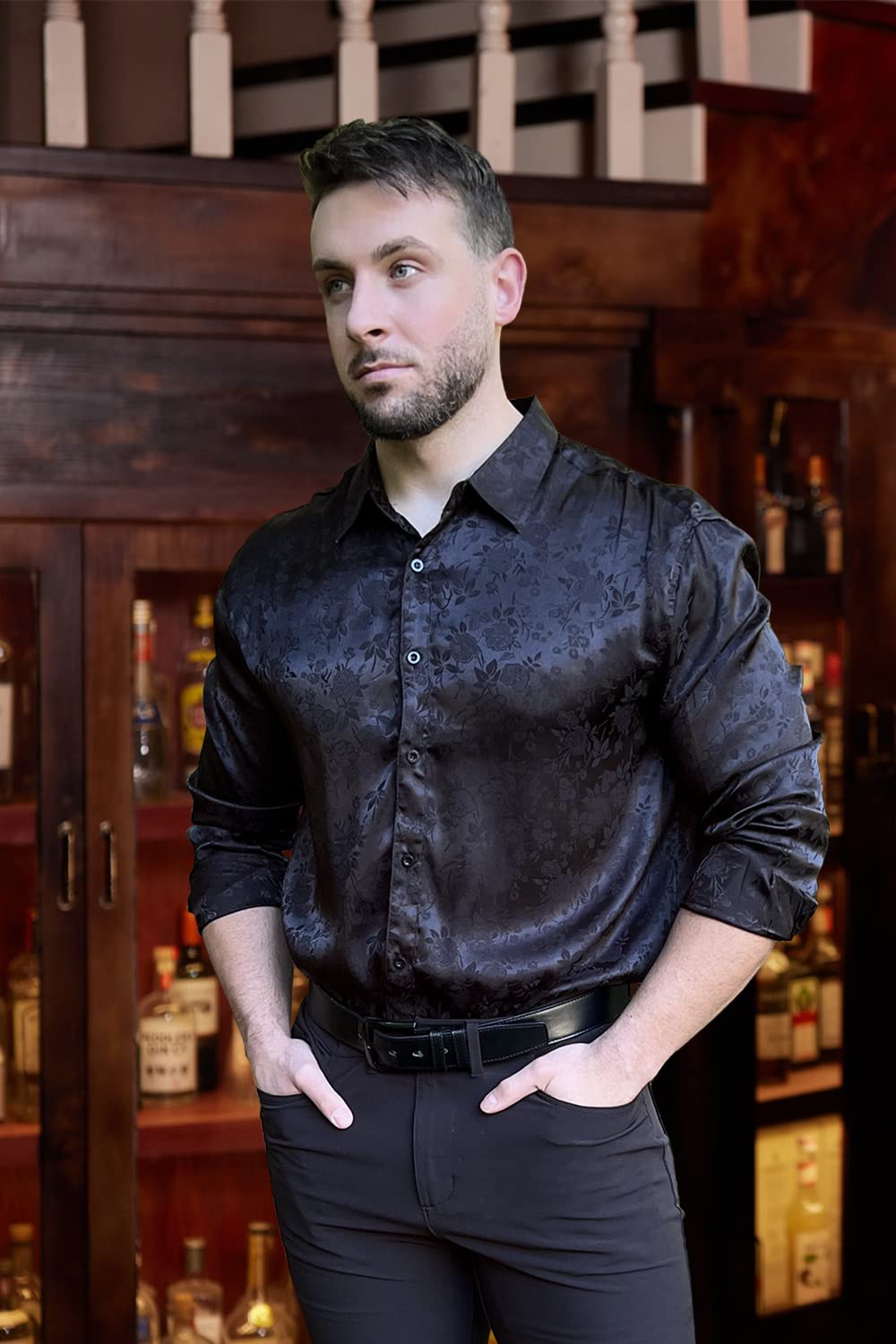 COOFANDY Mens Floral Rose Printed Long Sleeve Dress Shirts Prom Wedding Party Button Down Shirts (Black)