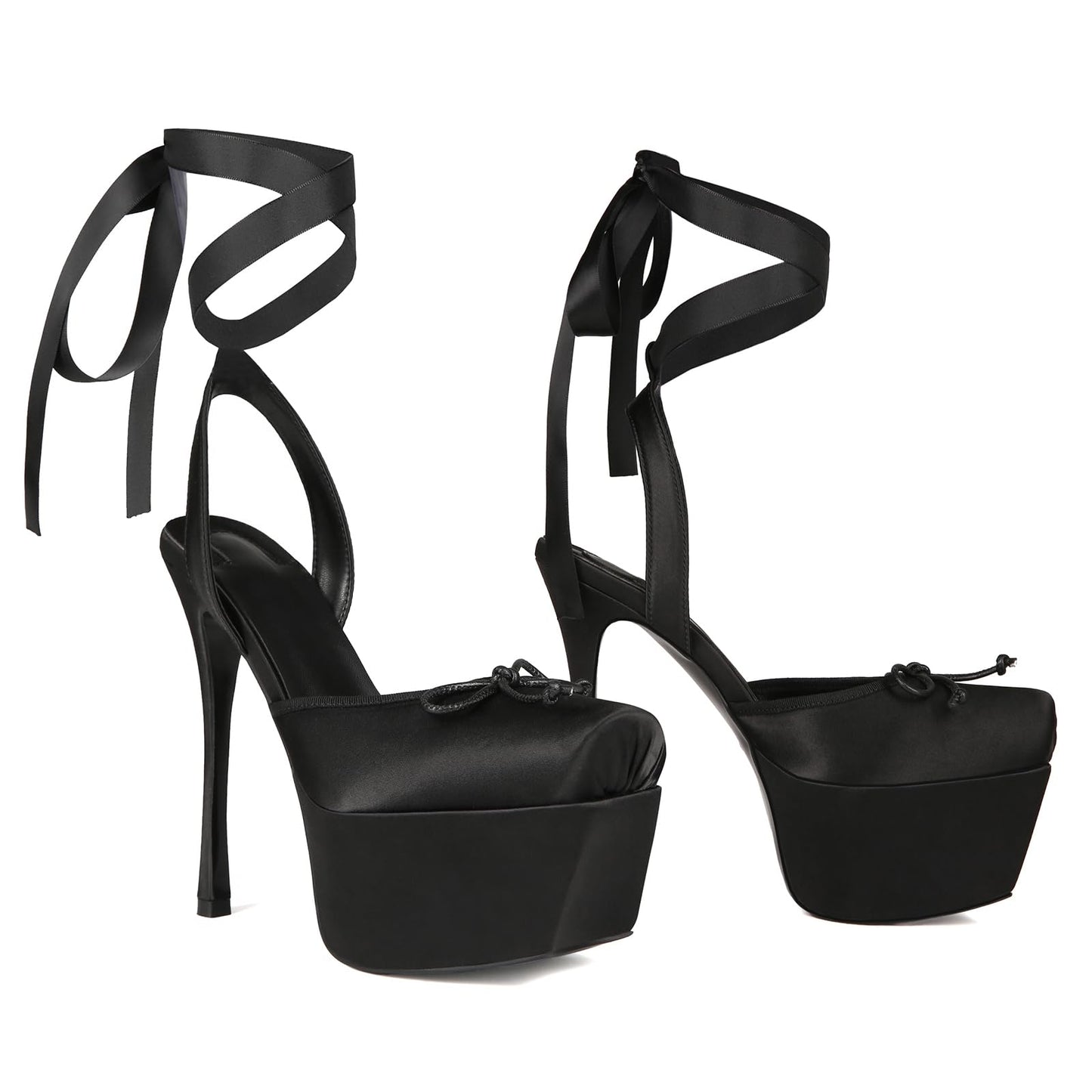 Saint Leia Women's Platform High Heels Square Closed Toe Bow Heels Lace Up Summer Elegant Sandals（black satin，US10）