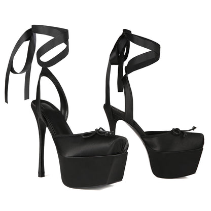 Saint Leia Women's Platform High Heels Square Closed Toe Bow Heels Lace Up Summer Elegant Sandals（black satin，US10）