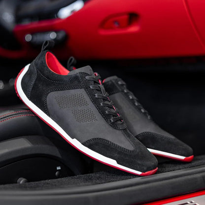 Piloti Icona Driving Shoes for Men, Italian Suede Performance Everyday Driving Sneakers for Men,Black/Red,10