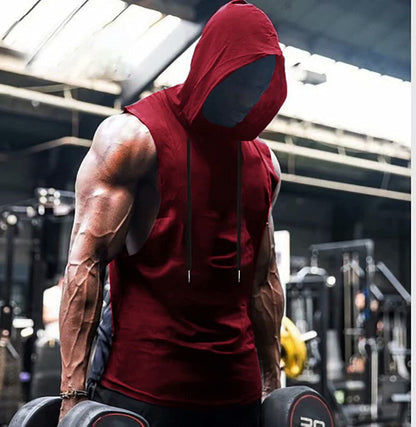 Babioboa Men's Athletic Sleeveless Hoodie Workout Hooded Tank Top Bodybuilding Muscle Cut Off T-Shirt(Wine Red Large)