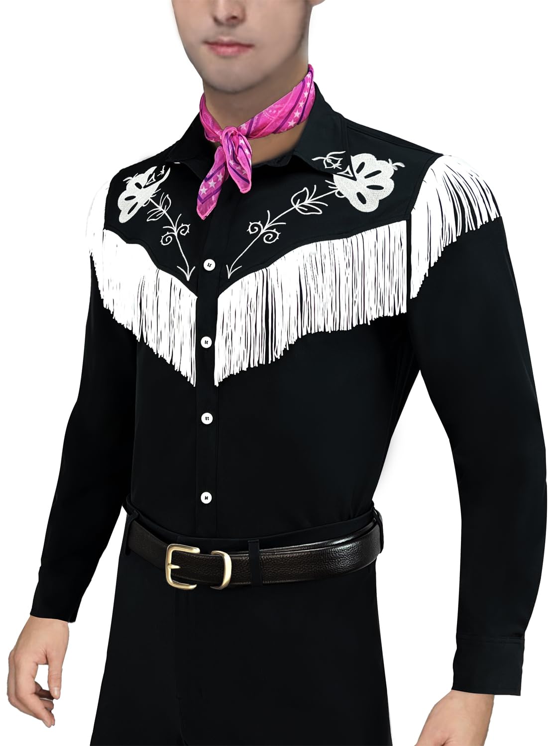 Cowboy Costume With Scarf Western Long Sleeve Fringe Shirt Halloween Cosplay For Mens Boys-X-Large